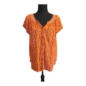 Faded Glory Women Orange Floral Short Sleeve Button Front Top Extra Large